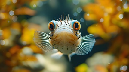 Obraz premium A curious pufferfish with a spiky textured profile floating underwater