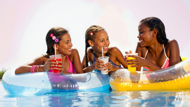 Three girls in bikinis relaxing on colorful inflatable rings in a pool, laughing and sipping cold drinks. - Powered by Adobe