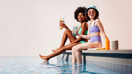 Two young women sitting at the edge of a pool, enjoying colorful drinks and smiling in swimwear. Fun, relaxation, and friendship on a summer day.
