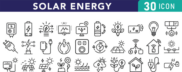 A set of 30 Vector art of  solar energy icons depicts various renewable energy sources and technologies