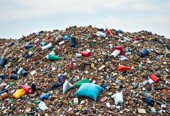 A sprawling mound of refuse and debris in a landfill, overflowing with garbage,  dirty,  ecological damage