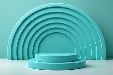 Aqua Teal Abstract Product Display Platform: Minimalist Cylindrical Podium with Arch Background.