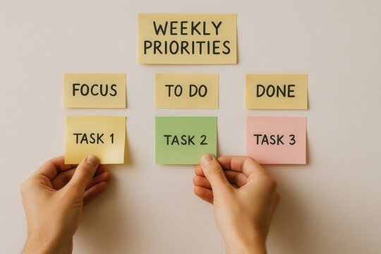 Work life balance productivity routine concept. Weekly task management on sticky notes for organization.