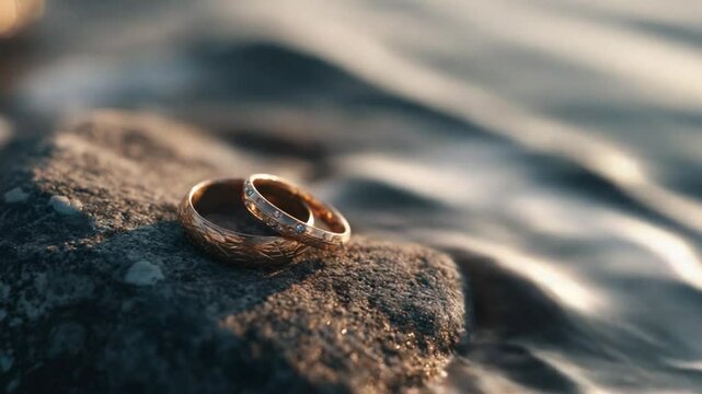 Golden Bands of Forever: Two wedding rings glint in the sunlight on a textured stone, a serene tableau of commitment and enduring love near flowing water.