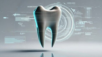 Healthy Tooth with digital interface: A striking depiction of a pristine, healthy tooth is set against a digital interface background, signifying a technological approach to dental healthcare - Powered by Adobe