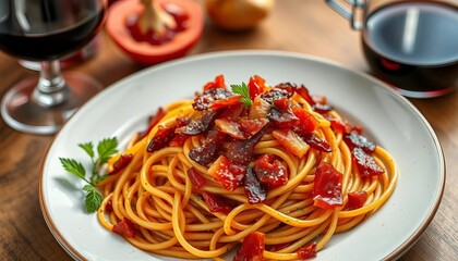 A tangled plate of spaghetti tossed with crispy bacon, glistening with red wine reduction,  still life,   ingredients