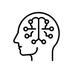 Digital Brain Mapping Line Icon – Futuristic AI Head Vector on White Background