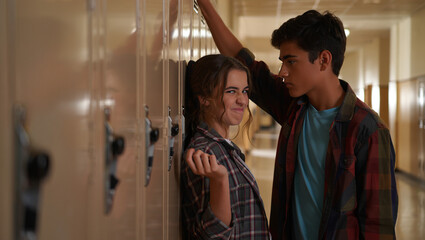 Teen boy and girl flirting by school lockers in a hallway.