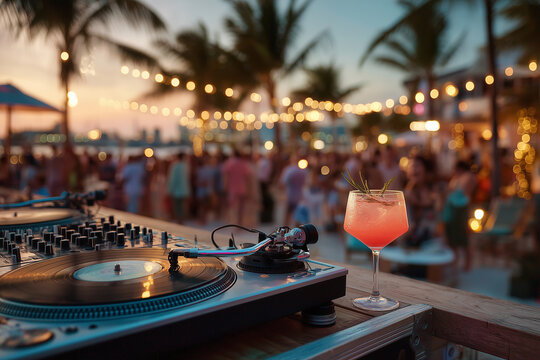 Dj playing music at a beach party with refreshing cocktail during sunset - Powered by Adobe