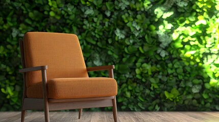 Fototapeta premium Modern orange armchair in front of lush green wall, creating a vibrant and inviting atmosphere.