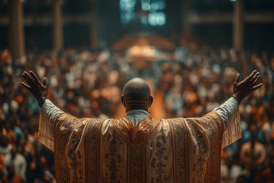Priest raising hands blessing congregation in church during mass