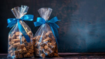 Two bags of cookies tied with ribbons are useful for advertising culinary items and gifts.
