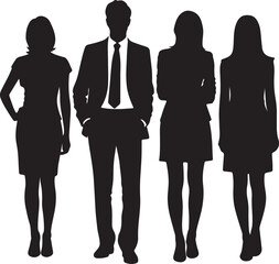 Four Black Silhouettes of Business Professionals a Man and Three Women Standing Together in a Row Against a White Background