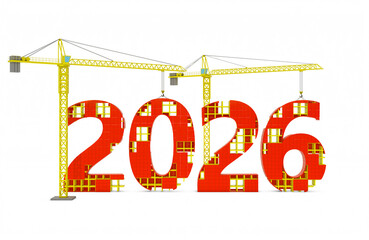 Construction cranes building large 3D numbers 2026, symbolizing progress, development, and future planning.3D render.