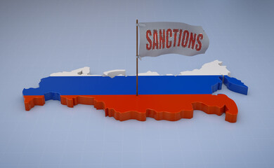 Sanctions imposed on Russia symbolized by flag on map, representing economic and political pressure. 3D render.

