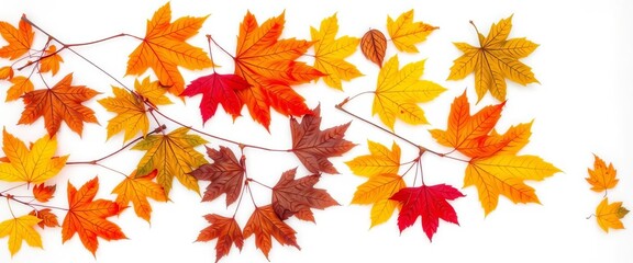 A vibrant collection of oak, maple, and birch leaves in various autumnal colors against a pure white backdrop,  oak leaf,  leaf collection
