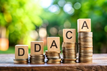 Wooden blocks spelling daca sit atop stacks of coins illustrating financial growth