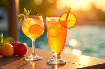 Refreshing summer cocktails by the poolside at sunset with citrus garnish.