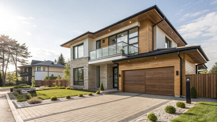 "Modern house exterior design — sleek, boxy shape with a mix of wood and neutral tones. Full-height windows, a cantilevered balcony with glass railing, and a landscaped front yard with paving stones. 