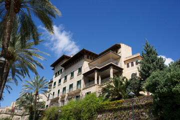 Beautiful Mediterranean-style building surrounded by palm trees and lush greenery under a clear blue sky