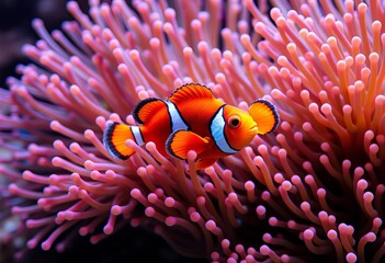 A vibrant orange clownfish darts playfully through a cluster of purple and green anemones,  aquatic,  green