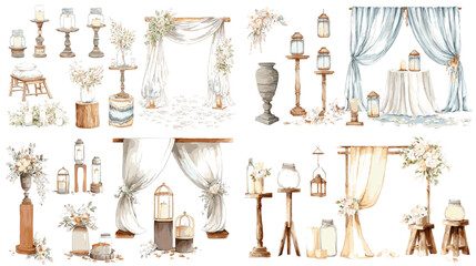 Watercolor set of elegant wedding decorations with floral arches, lanterns, and drapes, perfect for romantic event planning and venue styling.

