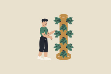 Illustration of Man Tending to Vertical Garden