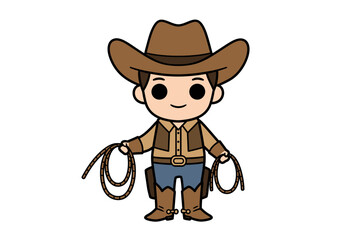 A cartoon cowboy figure holds lariats wearing hat vest jeans and boots standing