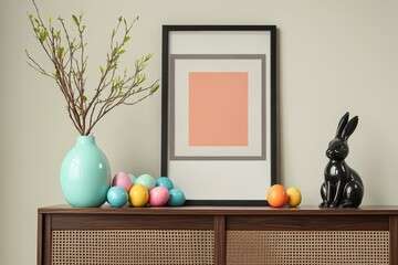 Art, vase, eggs, and bunny figurine on wall-mounted shelving