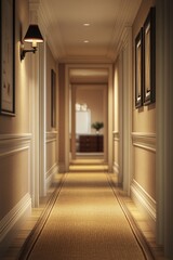 Fototapeta premium Hallway of a luxury hotel, with carpeted floor and artwork on walls.