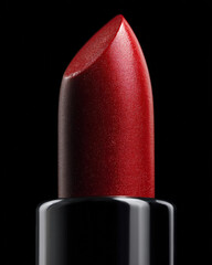 Classic red lipstick with smooth, glossy finish, showcased against deep black background, evokes sense of elegance and allure. This close up highlights rich color and texture of product