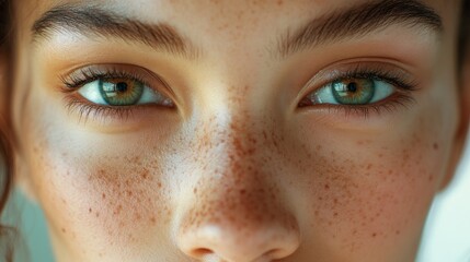 Fototapeta premium A close-up portrait of a girl with light brown freckles and hazel green eyes, showcasing her facial features such as eyelashes and pores.
