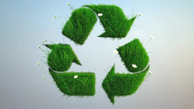 Recycling symbol made from green grass on blue background	