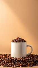 Coffee beans in mug on tan surface for morning brew espresso and cappuccino drink photography idea