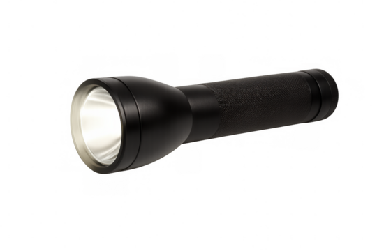 Powerful black tactical flashlight casting strong luminous beam, illuminating sleek metallic surface with intense bright light