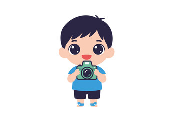 Cartoon boy holding a camera wearing blue shirt and dark shorts