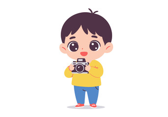Cartoon boy holds camera He has big eyes a yellow shirt blue pants and brown hair