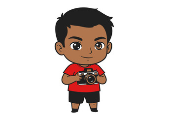Cartoon boy holding a camera red shirt and black hair on a white background