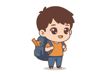 Cartoon boy with backpack school supplies visible in side pocket