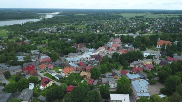 Cinematic Aerial View of Limbazi with River in Background