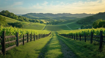 Fototapeta premium Vineyard with wooden fences on grassy field, people walking in open space, forested hills background under midday sun, late spring