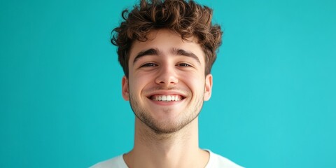 Young man smiling and looking at camera with bright, confident expression against blue backdrop.