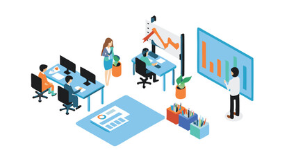 Fototapeta premium Isometric view of a modern office space with employees working and presenting data analysis charts