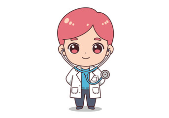 Cartoon doctor with pink hair wearing a stethoscope and lab coat