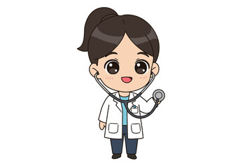 Cartoon doctor with stethoscope white coat  ponytail smiles