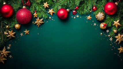 Festive decorations featuring red and gold ornaments among pine branches. Lush green backdrop creates vibrant holiday atmosphere. Concept of celebration, holiday decor, seasonal business