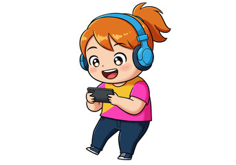 Cartoon girl with headphones plays on a phone wearing a pink and yellow shirt and dark blue jeans