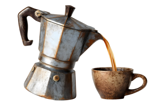 Rustic Moka pot pouring fresh coffee into a vintage cup on a transparent backdrop