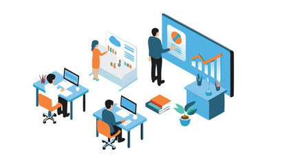 Isometric office scene showing coworkers collaborating on presentations and working at their desks area view
