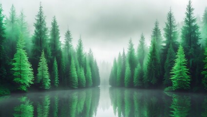 Fototapeta premium Misty evergreen forest with a calm lake reflecting the tall trees